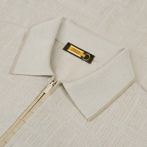 Beige polo shirt, optical geometric jacquard weave, crocodile detail