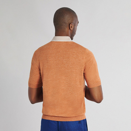 Apricot and beige zipped polo, crocodile detail, "Micro griffon" embroidery