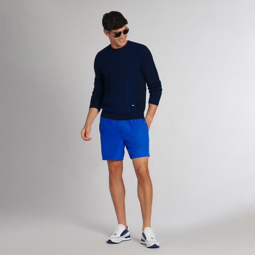 Navy round neck sweater, diamond jacquard weave