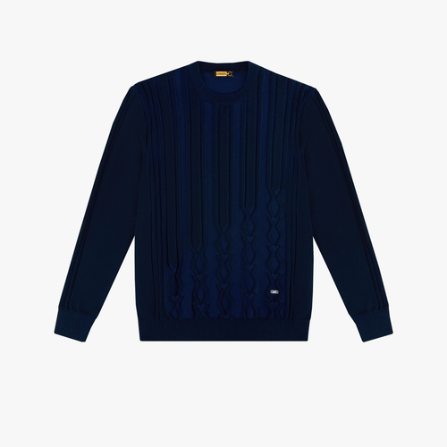 Navy round neck sweater, diamond jacquard weave