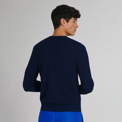 Navy round neck sweater, diamond jacquard weave