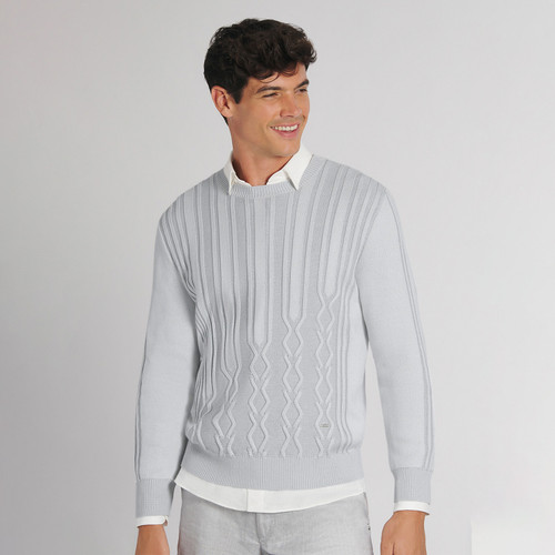 Pearl-grey round neck sweater, diamond jacquard weave
