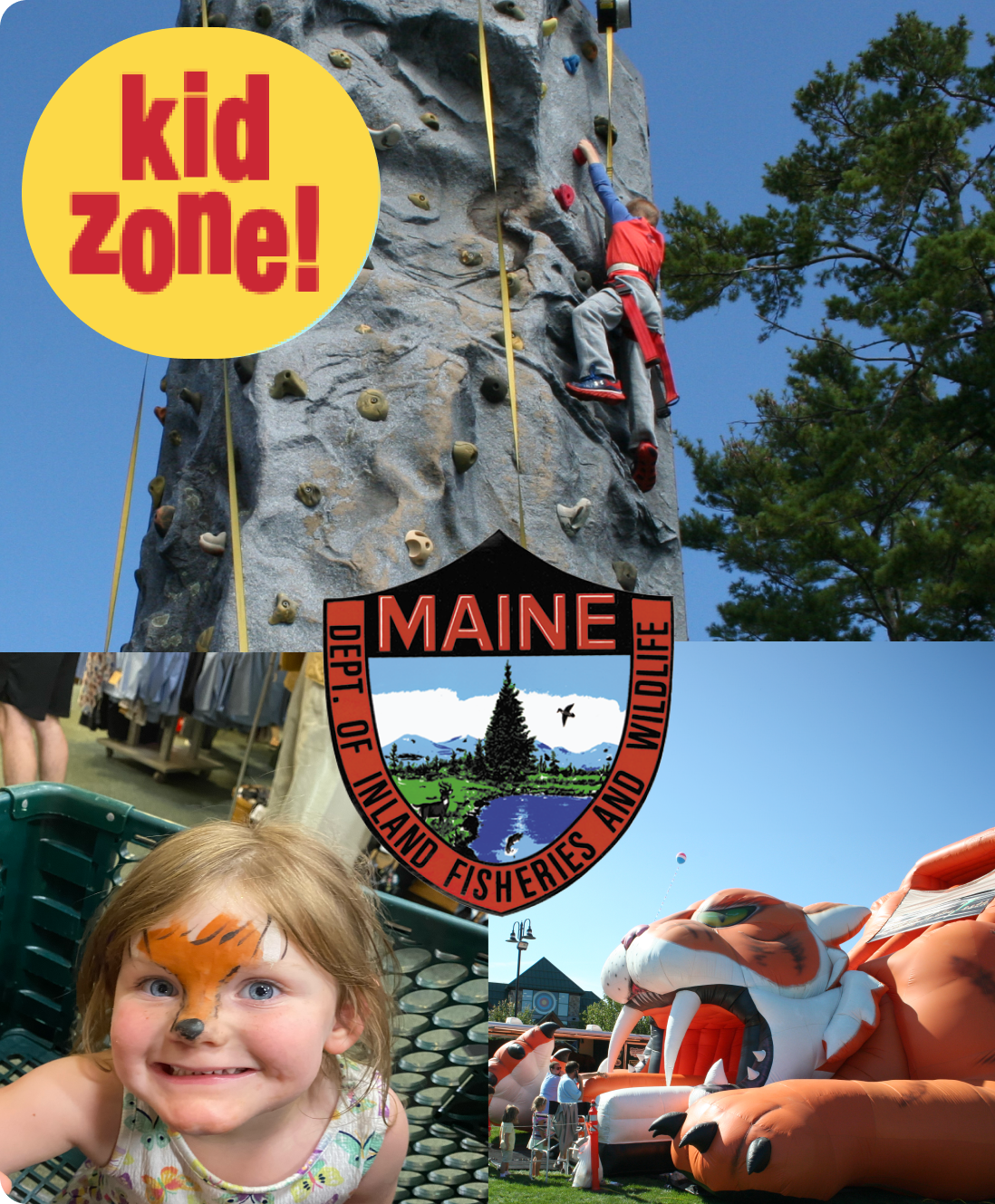 Children enjoying outdoor activities including rock climbing wall and face painting