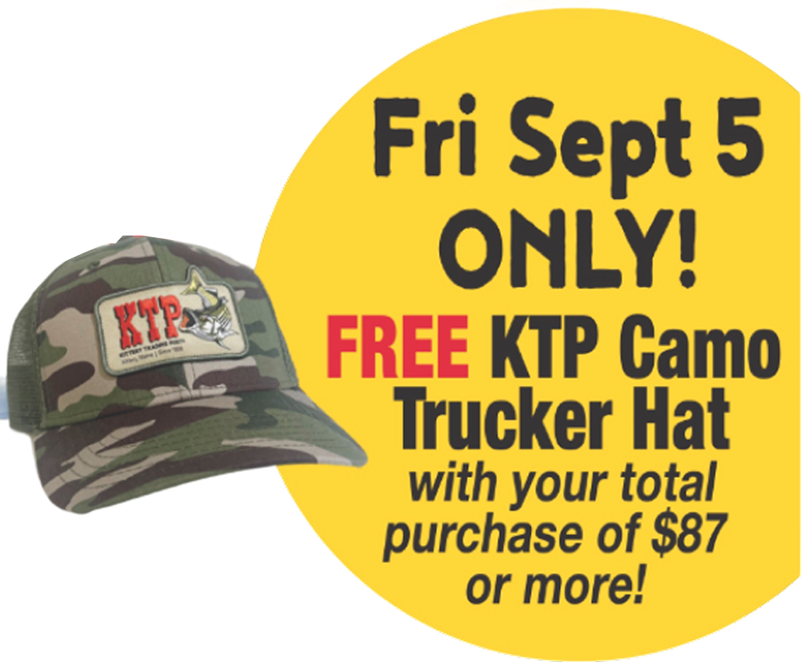 Friday September 5 ONLY! Free KTP Camo Trucker Hat with your total purchase of $87 or more!
