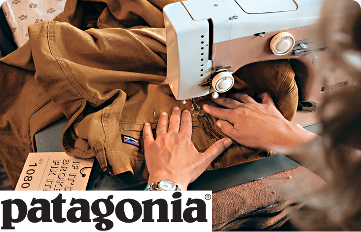 Patagonia clothing repair station with sewing machine and patches
