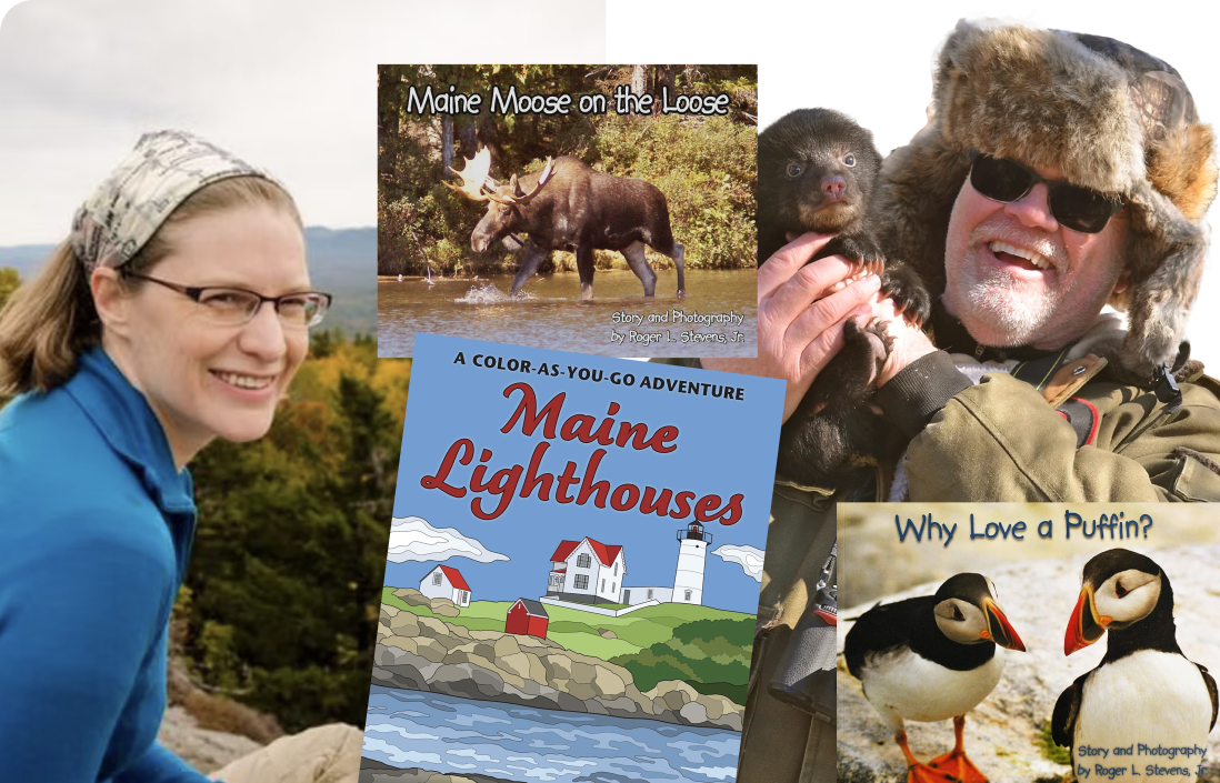 Stack of Maine-themed books for author signings