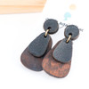 Wood & Leather Dangle Earrings - Dewdrop Layers (Black / Cocobolo)