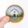 Mini Wool Landscape Painting: Needle Felted Fiber Art (White Barn) 3 Inch Round Frame
