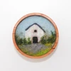 Mini Wool Landscape Painting: Needle Felted Fiber Art (White Barn) 3 Inch Round Frame