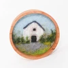 Mini Wool Landscape Painting: Needle Felted Fiber Art (White Barn) 3 Inch Round Frame