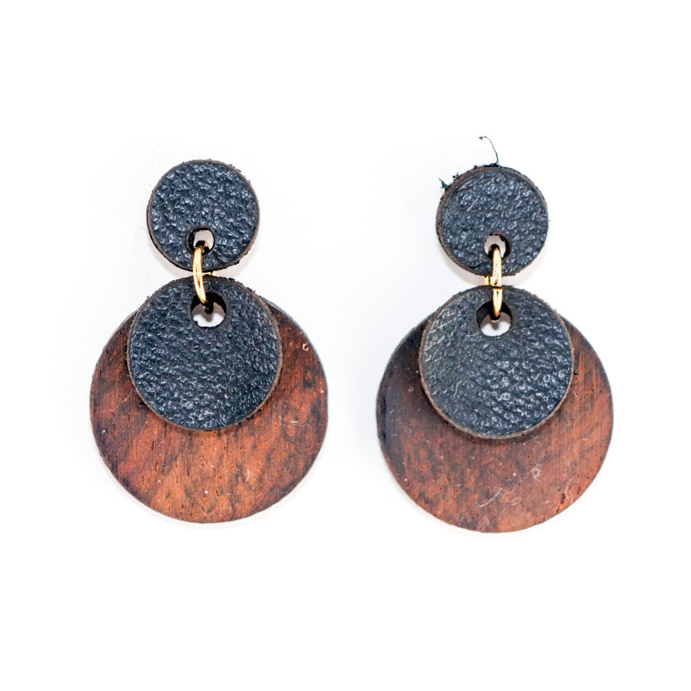 Wood Leather Dangle Earrings Moondrop Layers (Black Cocobolo