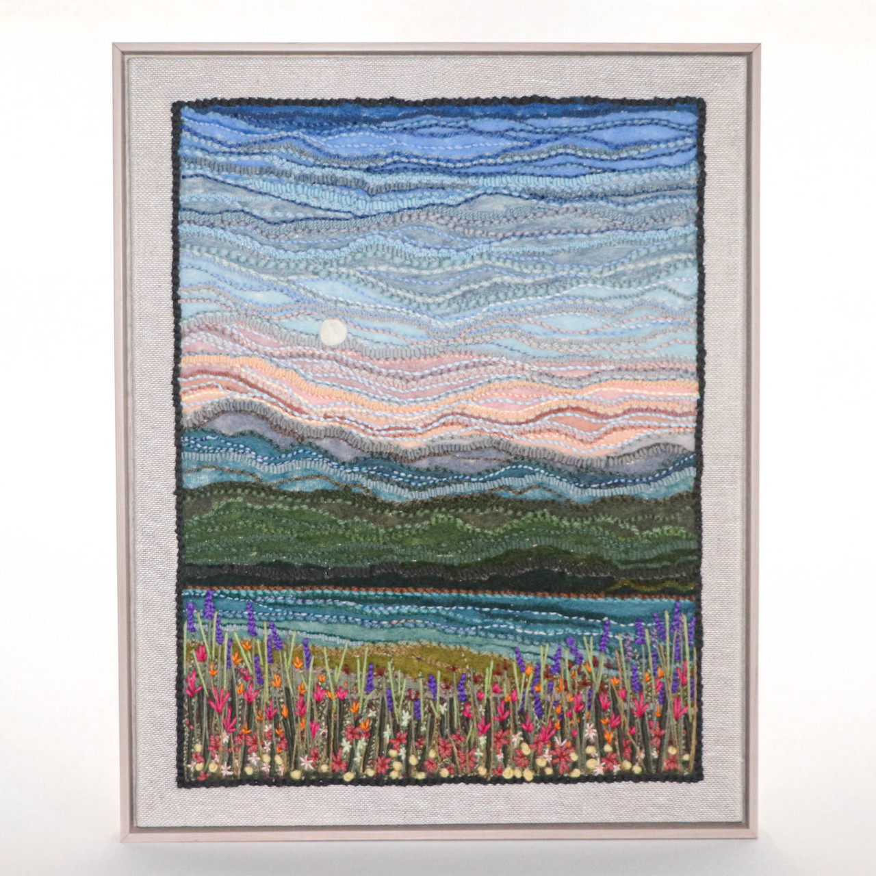 Mixed Media Fiber Art Landscape: Mountain Lake Wildflowers (25