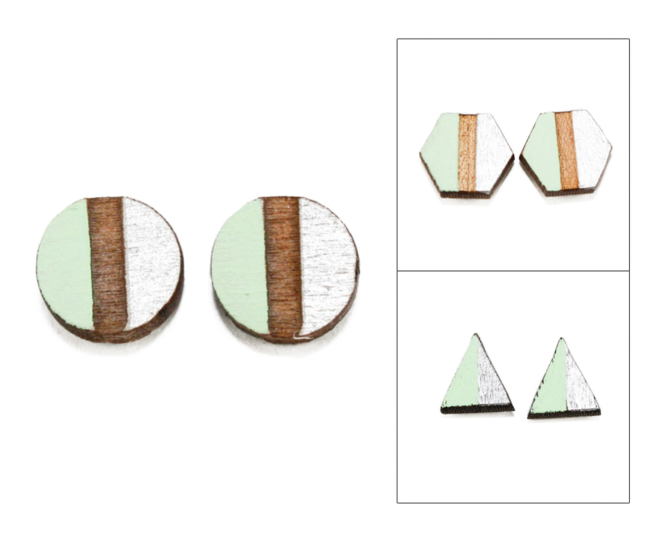 Hexagon Earrings, Geometric Wooden Stud, Mint Green