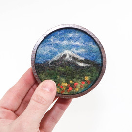 Mini Wool Landscape Painting: Needle Felted Fiber Art (Mountain Peak) 3 Inch Round Frame