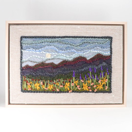 Mixed Media Fiber Art Landscape: Mountain Wildflowers No.7 (9"x14")  Rug Hooking, Punching, Needle Felting