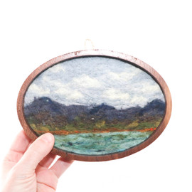 Oval Wool Landscape Painting: Needle Felted Fiber Art (Mountain Valley)