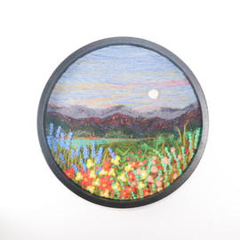 Round Wool Landscape Painting, Needle Felted Art, Mountain Wildflowers (12" Diameter)