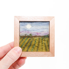 Mini Wool Landscape Painting: Needle Felted Fiber Art (Moonrise Crops) 3 Inch Frame