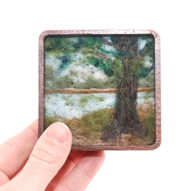 Mini Wool Landscape Painting: Needle Felted Fiber Art (Lonely Pine) 3x3