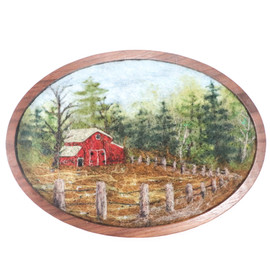 Large Oval Wool Landscape Painting: Needle Felted Fiber Art (Old Red Barn)