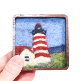 Mini Wool Landscape Painting: Needle Felted Fiber Art (West Quoddy Head Lighthouse) 3 Inch Frame