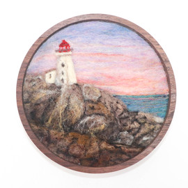 Round Wool Landscape Painting: Needle Felted Fiber Art (Peggy's Point Lighthouse, Nova Scotia)