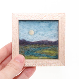 Mini Wool Landscape Painting: Needle Felted Fiber Art (Marsh Moon) 3x3