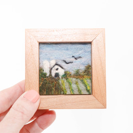 Mini Wool Landscape Painting: Needle Felted Fiber Art, Barnscape #1 (3x3)