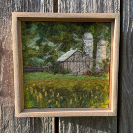 Wool Landscape Painting: Needle Felted Fiber Art, Barnscape (7x7)