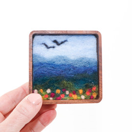 Mini Wool Landscape Painting: Needle Felted Fiber Art (Wildflower Valley) 3x3