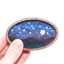 Mini Wool Landscape Painting: Needle Felted Fiber Art (Starry Night) 2x3 Mini Wool Landscape Painting: Needle Felted Fiber Art (Starry Night) 2x3