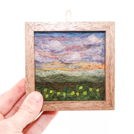 Small Wool Landscape Painting: Needle Felted Fiber Art (Springtime Sunset) 4x4 Small Wool Landscape Painting: Needle Felted Fiber Art (Springtime Sunset) 4x4