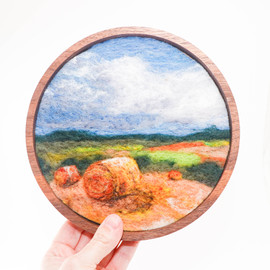 Round Wool Landscape Painting: Needle Felted Fiber Art (Hay Bales) 7" Frame Round Wool Landscape Painting: Needle Felted Fiber Art (Hay Bales) 7" Frame