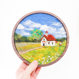 Round Wool Landscape Painting: Needle Felted Fiber Art (Country Church) 7" Frame Round Wool Landscape Painting: Needle Felted Fiber Art (Country Church) 7" Frame