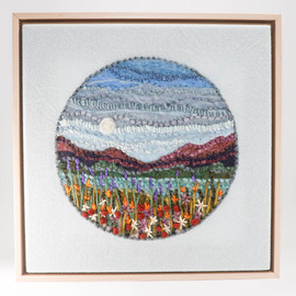 Mixed Media Fiber Art Landscape: Wildflowers at Moonrise (15" x 15") Rug Hooking, Punching, Needle Felting