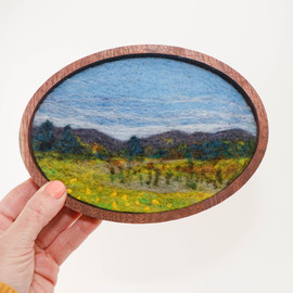 Oval Wool Landscape Painting: Needle Felted Fiber Art (Mountain View) 7" Frame