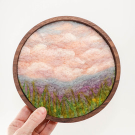 Round Wool Landscape Painting: Needle Felted Fiber Art (Lupine Sunrise) 7" Frame Round Wool Landscape Painting: Needle Felted Fiber Art (Lupine Sunrise) 7" Frame