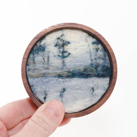Mini Wool Landscape Painting: Needle Felted Fiber Art (Foggy Lake) 3x3