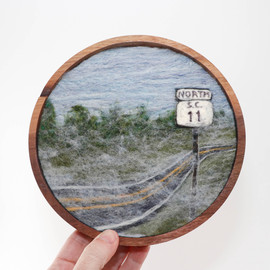 Round Wool Landscape Painting: Needle Felted Fiber Art (Foggy Highway) 7 inches