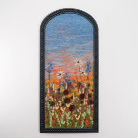 Wool Landscape Painting: Needle Felted Fiber Art - Weeds & Wildflowers at Sunset
