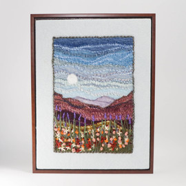 Mixed Media Fiber Art Landscape: Wildflowers at Moonrise (13" x 17") Rug Hooking, Punching, Needle Felting