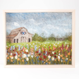 Wool Landscape Painting: Needle Felted Fiber Art, Barn and Wildflowers (8x8)
