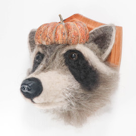 Needle Felted Raccoon Portrait (Pumpkin Hat)