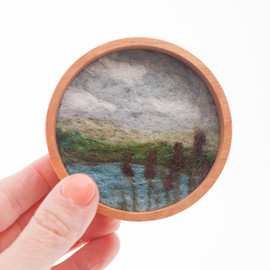 Mini Wool Landscape Painting: Needle Felted Fiber Art (Cat Tails) 3x3