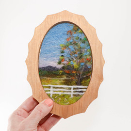 Wool Landscape Painting: Needle Felted Fiber Art (Vermont Farm) Oval Frame