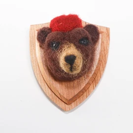 Needle Felted Brown Bear Portrait with Red Pillbox Hat