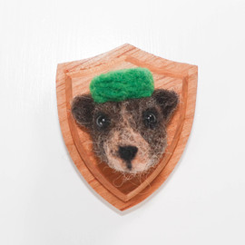 Needle Felted Brown Bear Portrait with Green Pillbox Hat