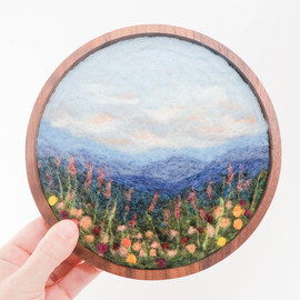 Wool Landscape Painting: Needle Felted Fiber Art - Wildflowers at Dusk - 7 inch Frame