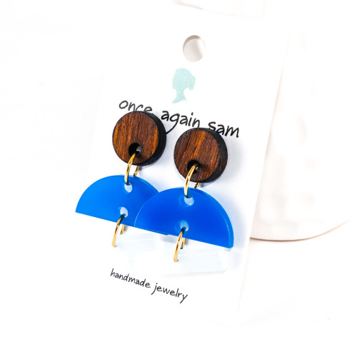 Acrylic and Wood Dangle Earrings - Hemisphere Design (Rosewood / Cobalt Blue / Frost))
