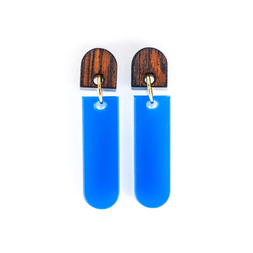 Wood and Acrylic Dangle Earrings - Latitude Design (Rosewood / Cobalt Blue)